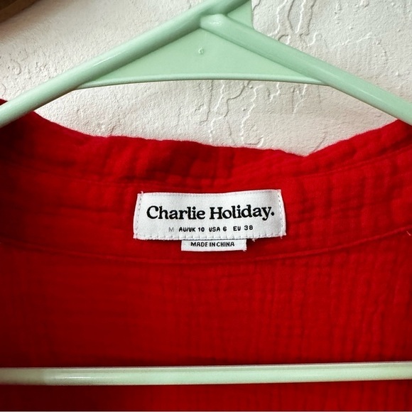 Charlie Holiday Red Cotton Gauze Harlow Button Down 3/4 Casual Oversized Shirt 6 - Picture 9 of 12
